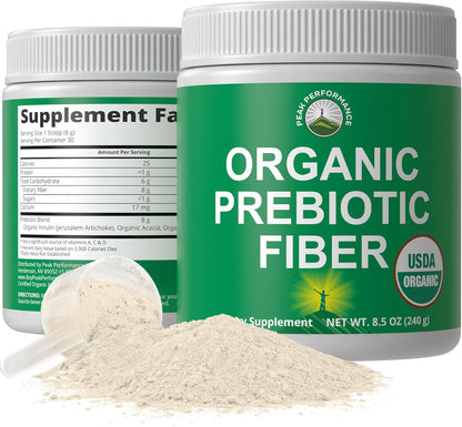 USDA Organic Prebiotic Fiber 3-in-1 Vegan Powder for Gut Health - Raw Whole Food Plant Based Prebiotics Digestive Supplement with Inulin (Jerusalem Artichoke), Acacia Fibers, SunFiber 240g