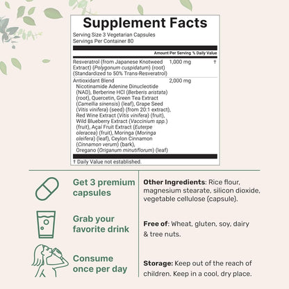 Micro Ingredients Resveratrol NAD Complex 3,000mg for Women & Men, 240 Veggie Capsules | NMN Supplement Alternative | 11-in-1 Blend with NAD+, Quercetin, Moringa, Berberine, Grape Seed, & Oregano