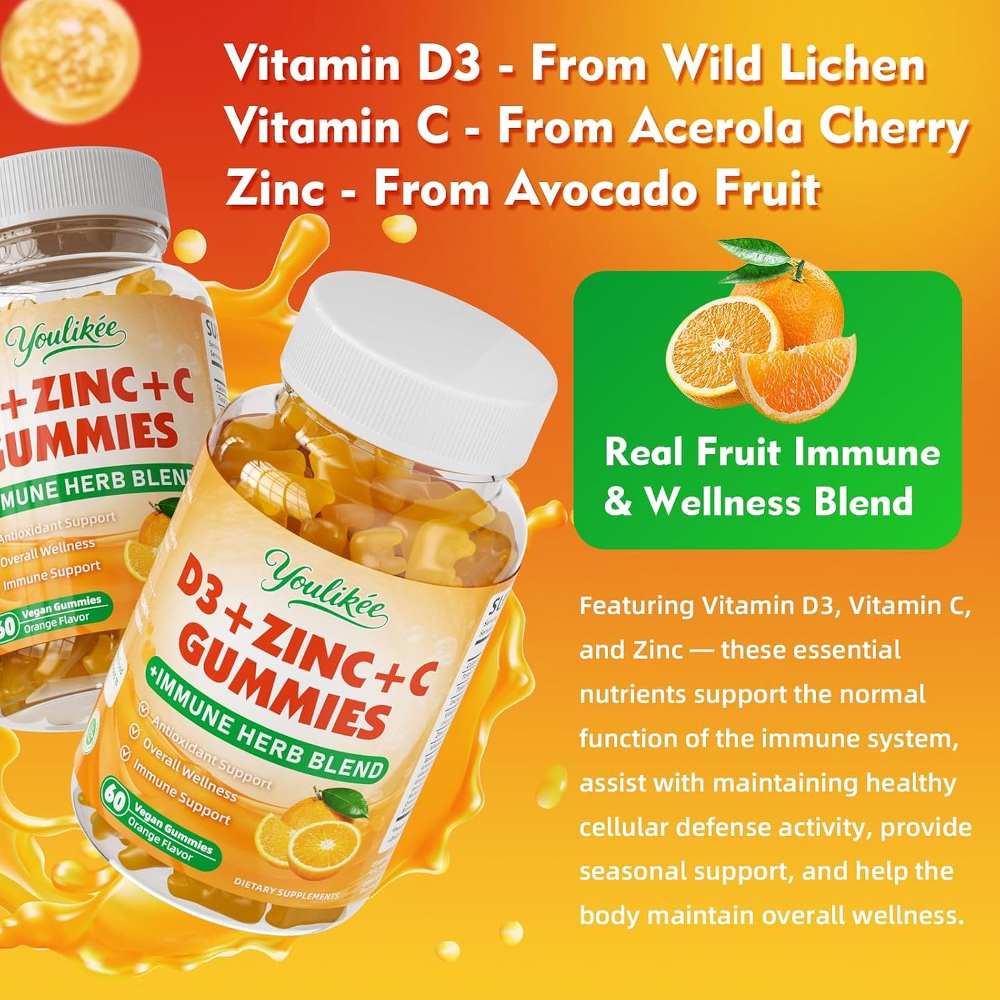 Vitamin C + D3 5000IU + Zinc Gummies for Adults, Orange Flavor, 60 Count | Immune Support supplement with Elderberry, Echinacea & Mullein Leaf - Antioxidant Support, Sugar Free