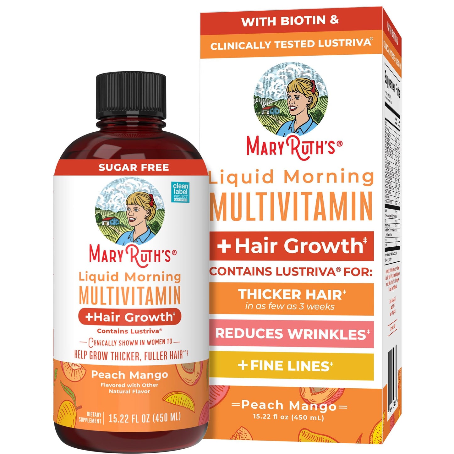 MARYRUTH'S Liquid Multivitamin + Hair Growth | Clinically Tested in Women for Thicker Hair & Facial Wrinkles | Biotin 10000mcg | Lustriva Hair Growth Supplements | Skin Care | Ages 18+ | 15.22 Fl Oz