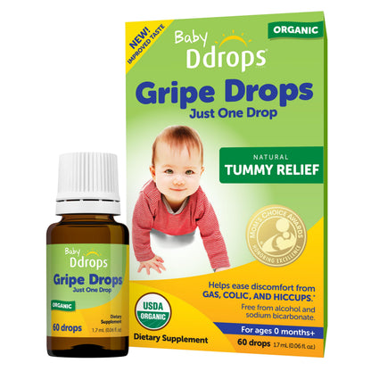 Ddrops Baby Tummy Relief Liquid Drops, Organic Gripe Water for Newborns, Relief from Gas, Colic, Fussiness and Hiccups, Just One Drop, Herbal Ingredients, 120 Drops