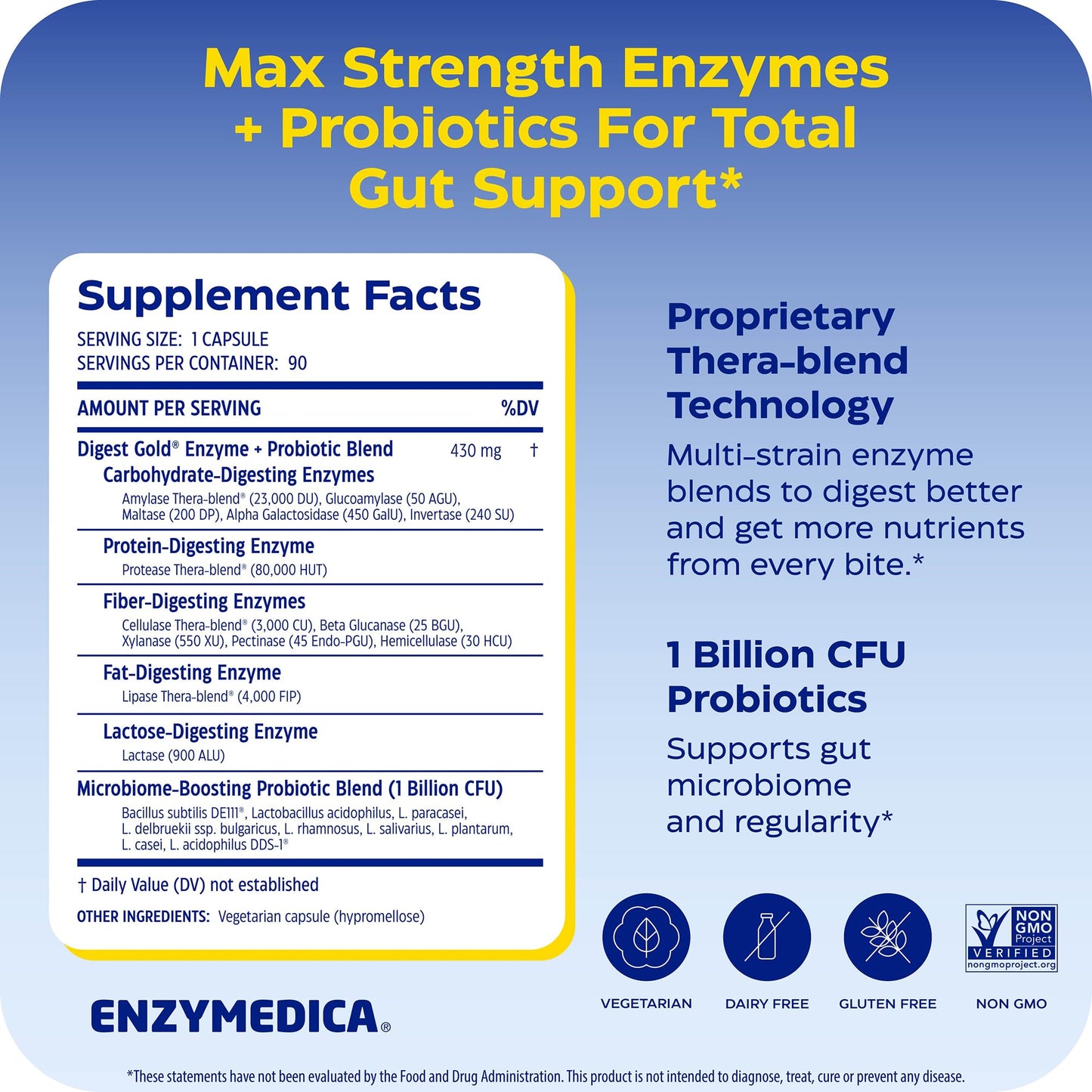 Enzymedica Digest Gold + Probiotics - Digestive Enzyme Supplement for Women & Men, Enzyme and Probiotic Capsules for Digestion, Gut Health Support, Helps Gas & Bloating, Vegetarian - 45 Caps