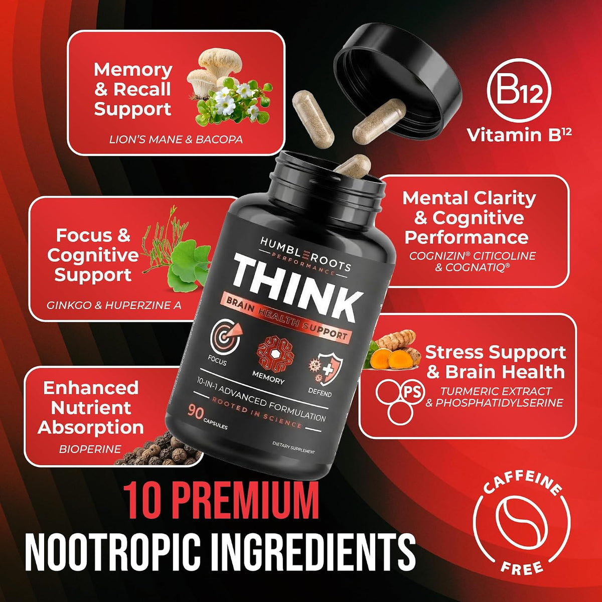 All-Natural Brain Supplement for Memory and Focus - Caffeine-Free Long-Term Cognitive Support - 10 Nootropic Ingredients Including Lion’s Mane, Bacopa, Turmeric, Ginkgo & Huperzine A - 90 Capsules