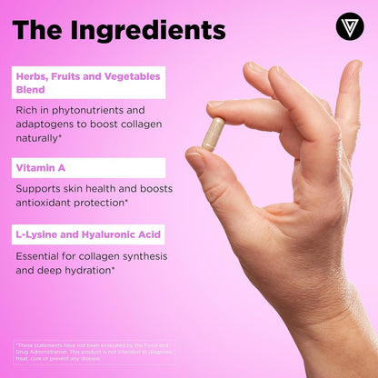 Vital Vitamins Vegan Collagen Booster Supplements, 60 Capsules | Supports Skin, Hair, Nails & Joints, Formulated with 30+ Superfoods, Hyaluronic Acid, Silica & Vitamin A, Non-GMO