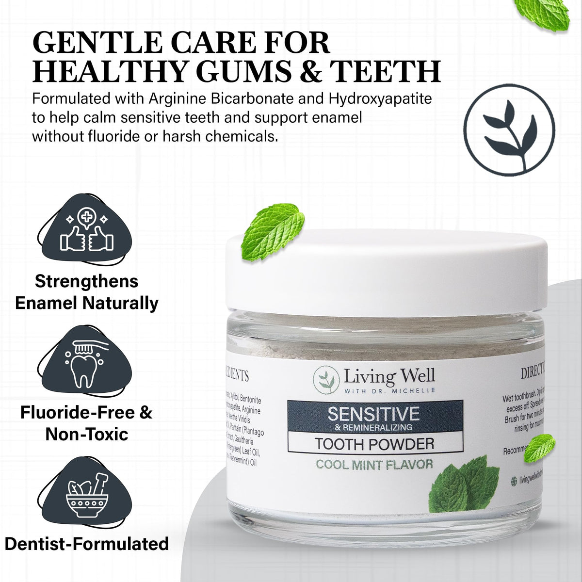 Living Well Dr. Michelle Remineralizing & Whitening Tooth Powder, Cool Mint