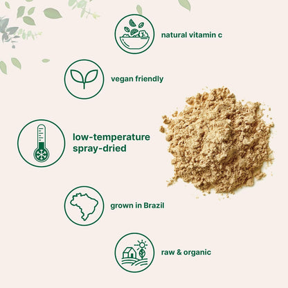 Organic Acerola Powder, 8oz | Natural Organic Vitamin C Superfood | No Sugar & Additives | Great Flavor for Drinks, Smoothie, & Beverages | Non-GMO & Vegan Friendly, Brazil Origin