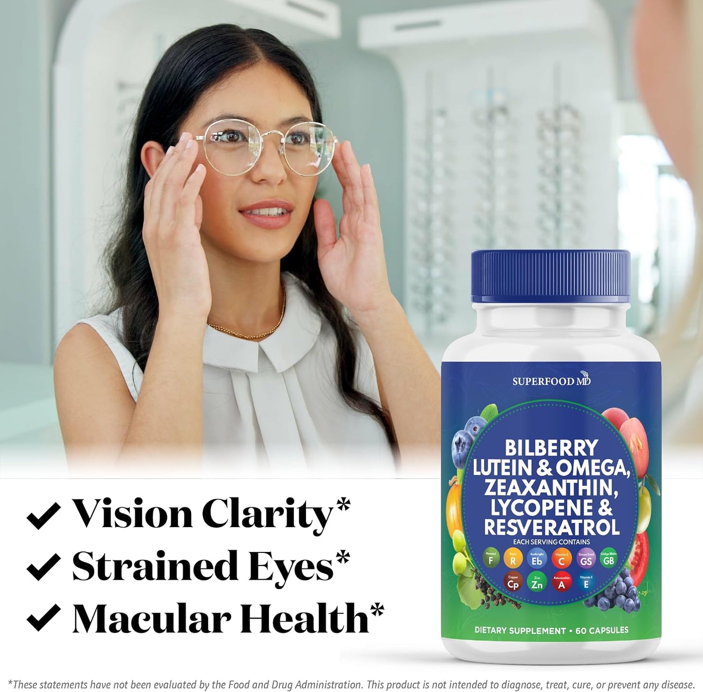 Superfood MD Eye Health Vitamins with Bilberry Lutein & Zeaxanthin Lycopene 40mg Resveratrol Grape Seed Extract Astaxanthin- AREDS 2 - Eye Vitamin - 120 Capsules