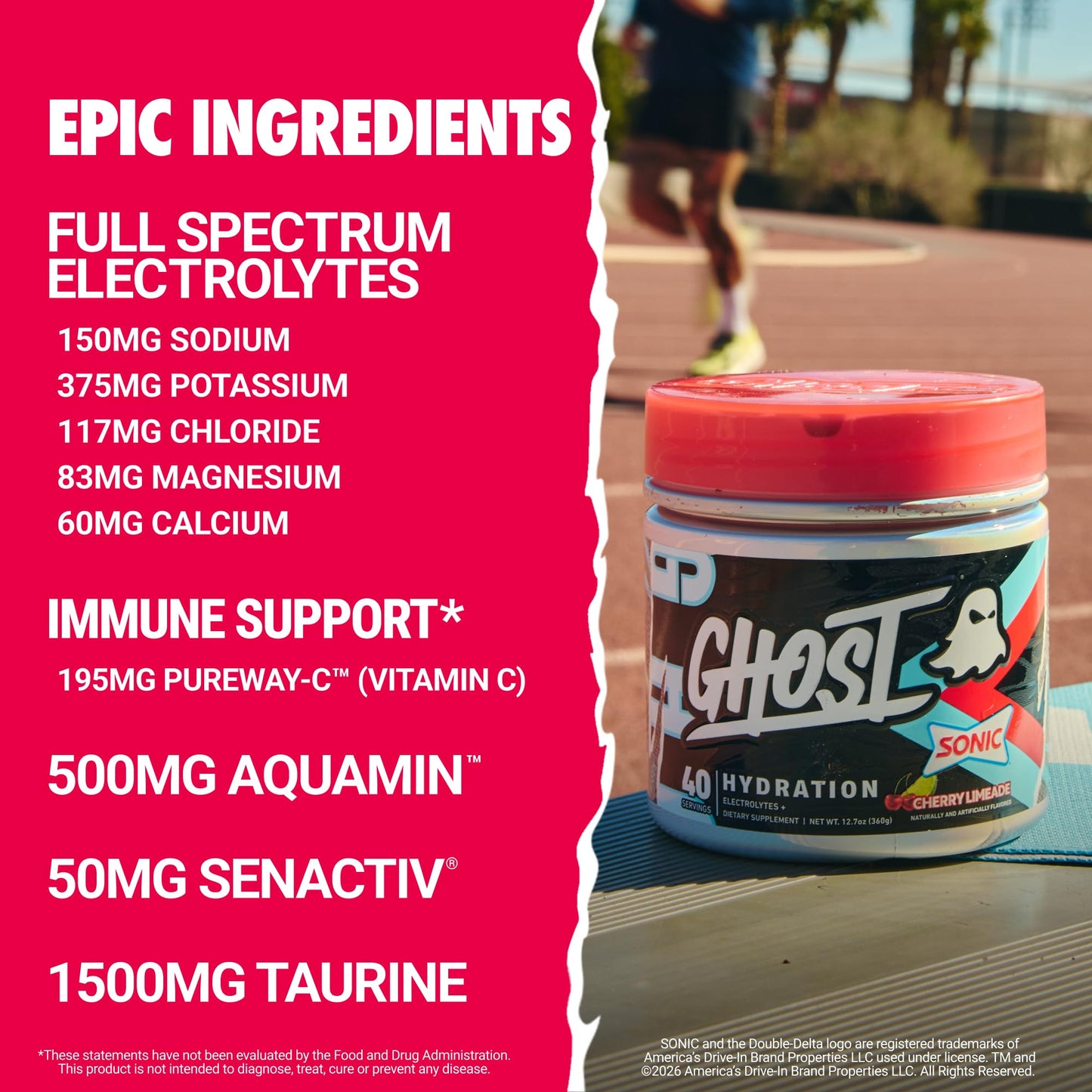 GHOST Hydration Sticks, Electrolyte Powder Packets, Sonic Cherry Limeade - 24 Sugar Free Instant Electrolyte Drink Mix - Caffeine-Free Daily Hydration & Immune Support with Clean Formula