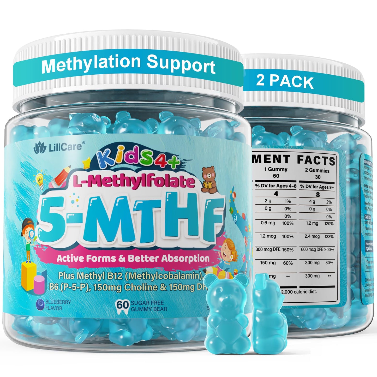 L Methylfolate for Kids Gummies, Active 5-MTHF + Methyl B12, B6, Choline & Vegan DHA, Methylated Vitamins for Kids, MTHFR Supplement Support Mood, Bēhavior, Cognition, Brain, Focus, Sugar Free, 2 Pack