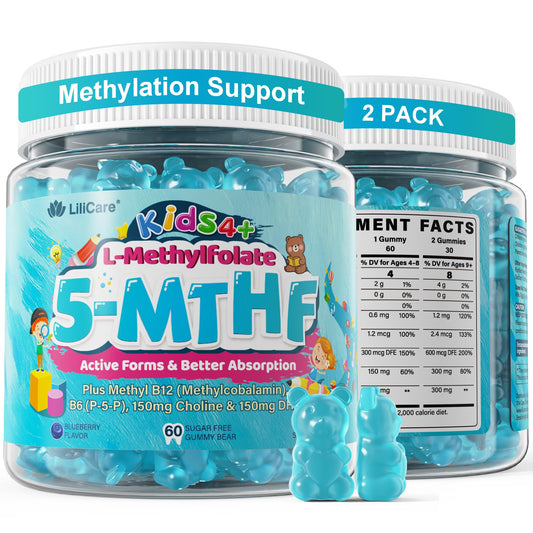 L Methylfolate for Kids Gummies, Active 5-MTHF + Methyl B12, B6, Choline & Vegan DHA, Methylated Vitamins for Kids, MTHFR Supplement Support Mood, Bēhavior, Cognition, Brain, Focus, Sugar Free, 2 Pack