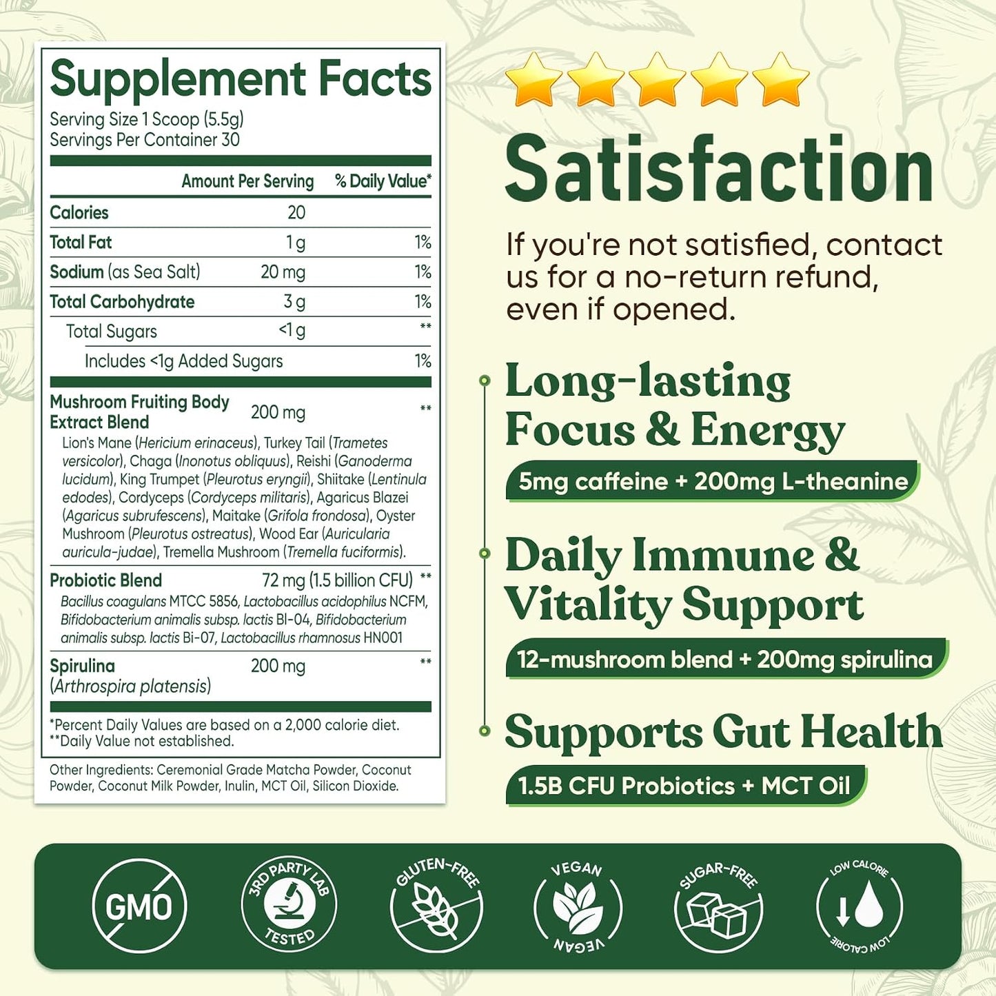 Venture Pal Mushroom Matcha Powder – 13 Superfood Mushroom Coffee Alternative with Ceremonial Grade Matcha Powder, 1.5B Probiotics for Focus, Energy & Digestion