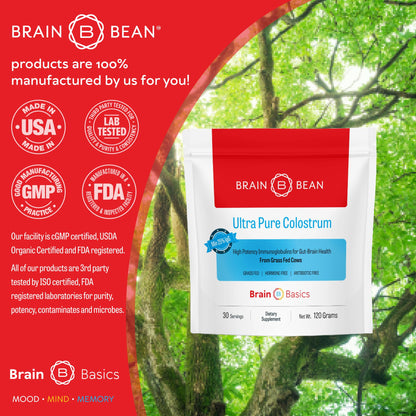 Brain Basics Ultra-Pure Colostrum, 4000mg per Serving, Min 25% IgG antibodies, Gut-Brain-Immune Health, Glowing Hair and Skin. Colostrum Powder from Grass-Fed Cows. 360 Grams - 90 Servings