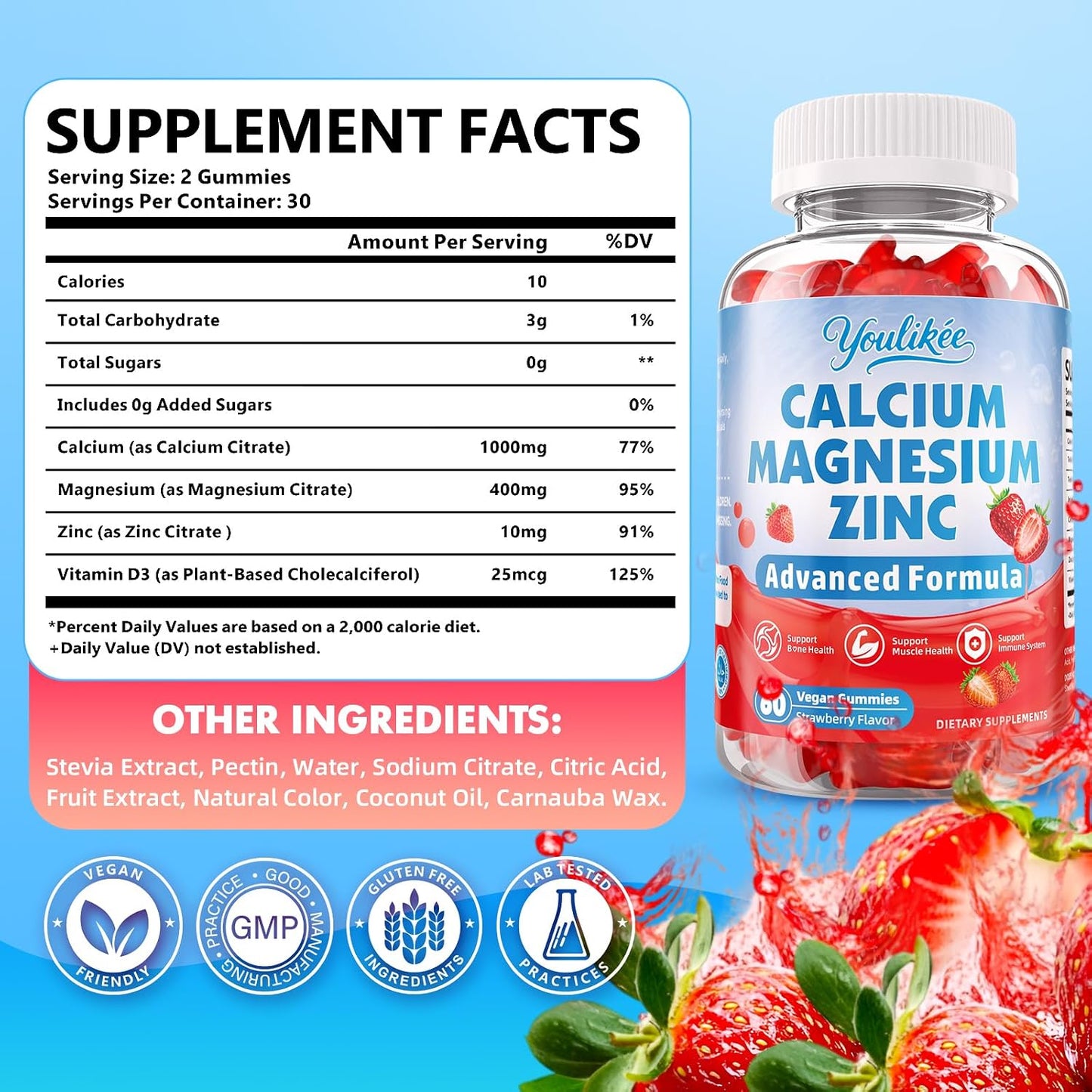 Calcium Magnesium Zinc Gummies for Adult, Calcium Citrate with Vitamin D3 | High Absorption Calcium Magnesium Supplement for Women & Men, Sugar-Free, Strawberry Flavor, 60 Count