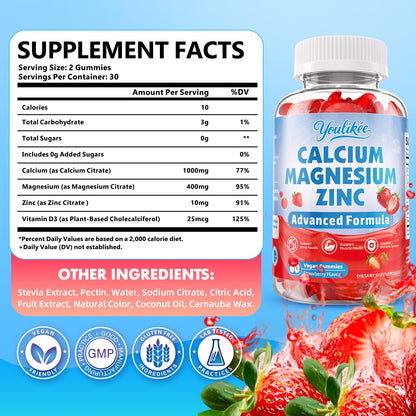 Calcium Magnesium Zinc Gummies for Adult, Calcium Citrate with Vitamin D3 | High Absorption Calcium Magnesium Supplement for Women & Men, Sugar-Free, Strawberry Flavor, 60 Count