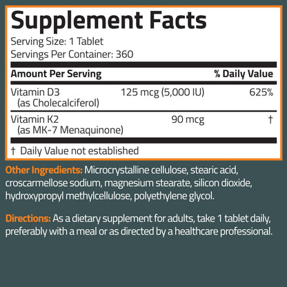 Bronson Vitamin K2 D3 (MK7) Supplement 2-in-1 D3 & K2 Complex, 120 Tablets | Bone, Immune & Heart Health Support, Gluten-Free, Soy-Free, Non-GMO, Vitamin D3 5000 IU (125 mcg) & 90 mcg K2 MK-7