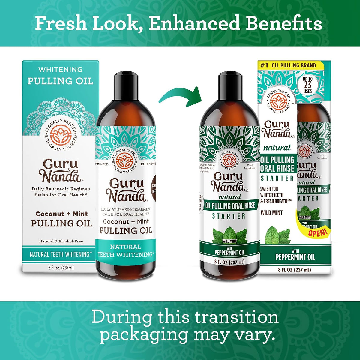 GuruNanda Starter Coconut Oil Pulling Mouthwash with Peppermint Oil, 8oz