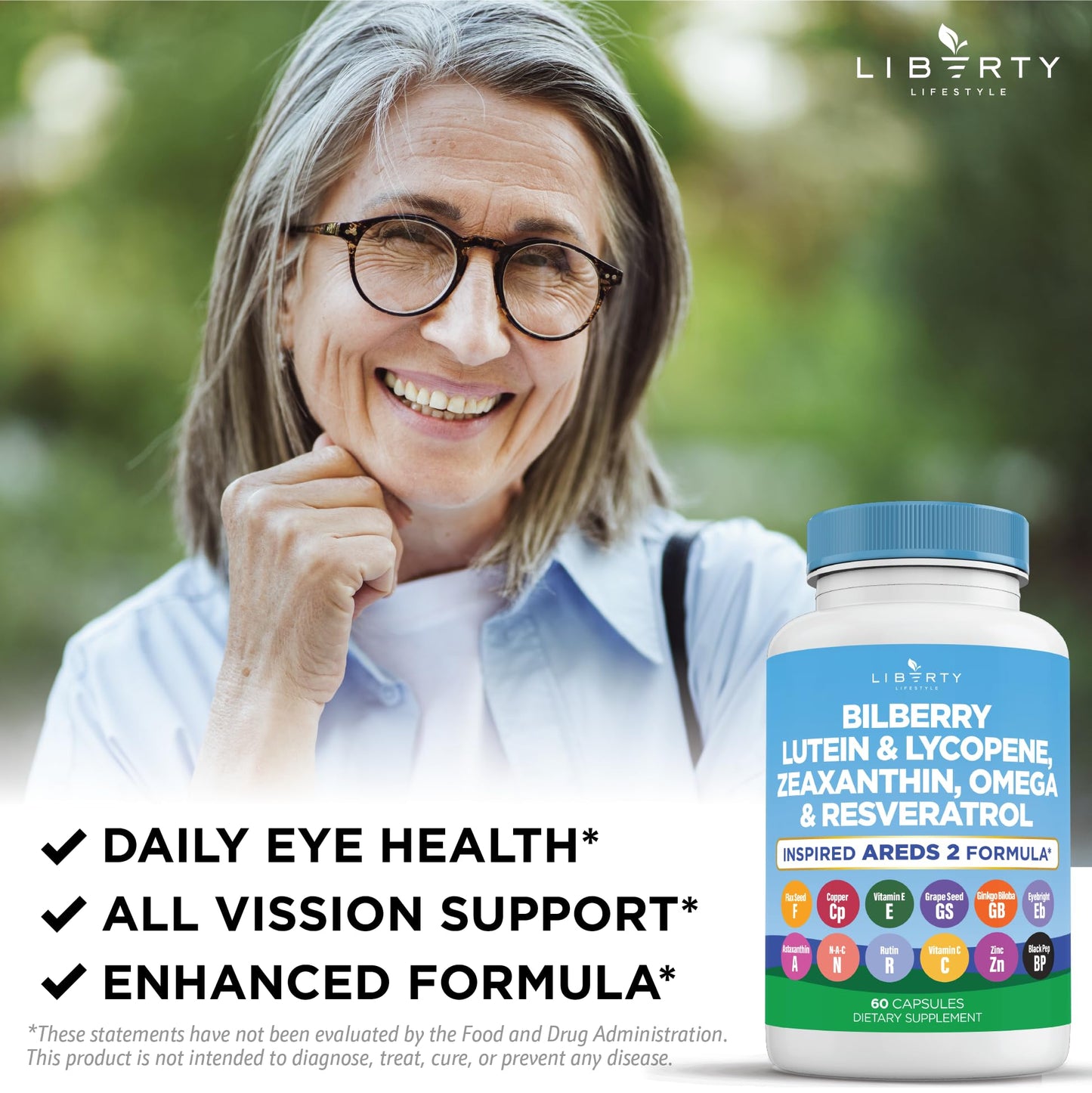 Liberty Lifestyle Eye Health Vitamins with Bilberry, Lutein & Zeaxanthin, Lycopene, Resveratrol, Grape Seed Extract Flaxseed Astaxanthin- AREDS 2-180 Capsules