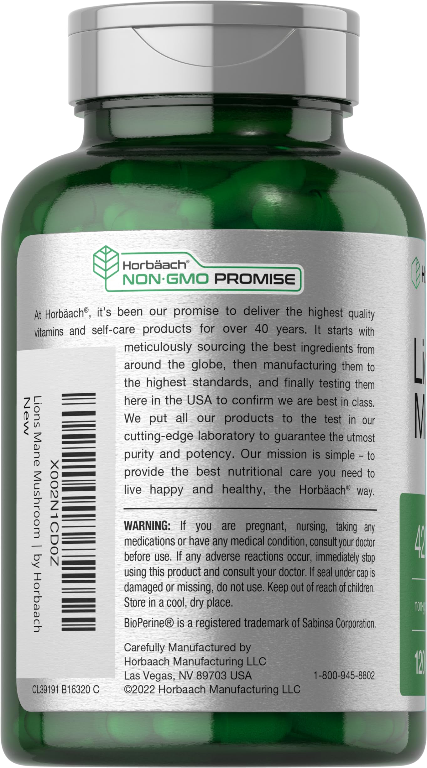 Horbäach Lions Mane Mushroom Extract | 120 Capsules | Vegetarian, Non-GMO, Gluten Free Supplement