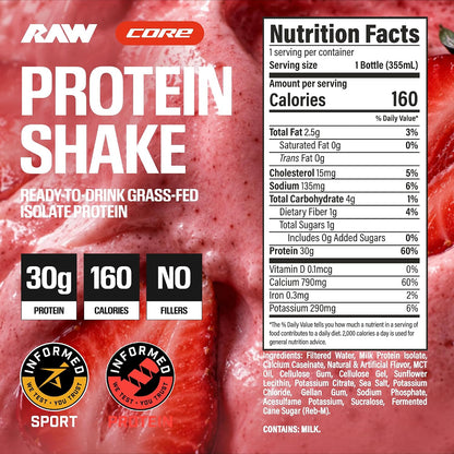 RAW Ready-to-Drink Protein Shake, Strawberry - RTD Protein Drinks with Grass-Fed Whey Protein Isolate for Post-Workout - Zero-Sugar & Gluten-Free Meal Replacement Drink & Breakfast Shake, 12 Fl Oz