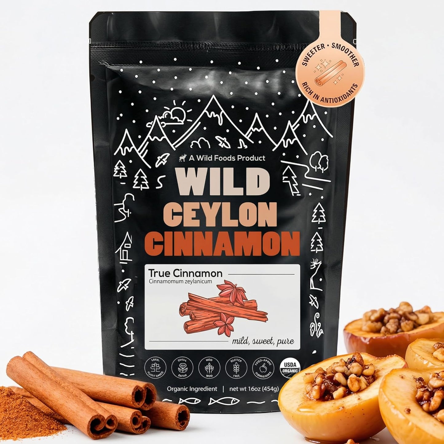 Wild Ceylon Cinnamon Powder - 100% Organic from Sri Lanka - USDA Approved, 16oz Low Coumarin - Aromatic Cinnamon - Ideal for Smoothies, Baking and Coffee - Support Overall Wellness