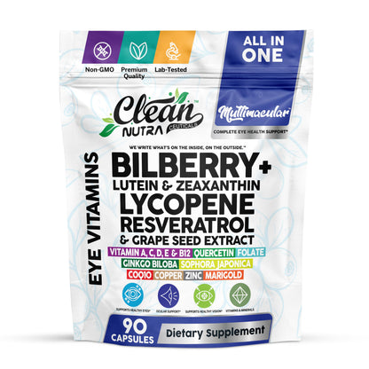 Clean Nutra Eye Vitamins with Bilberry Lutein and Zeaxanthin Supplements Lycopene 40mg Resveratrol Grape Seed Astaxanthin for Eyes - Eye Care Health Support Eye Vitamin and Mineral Supplement