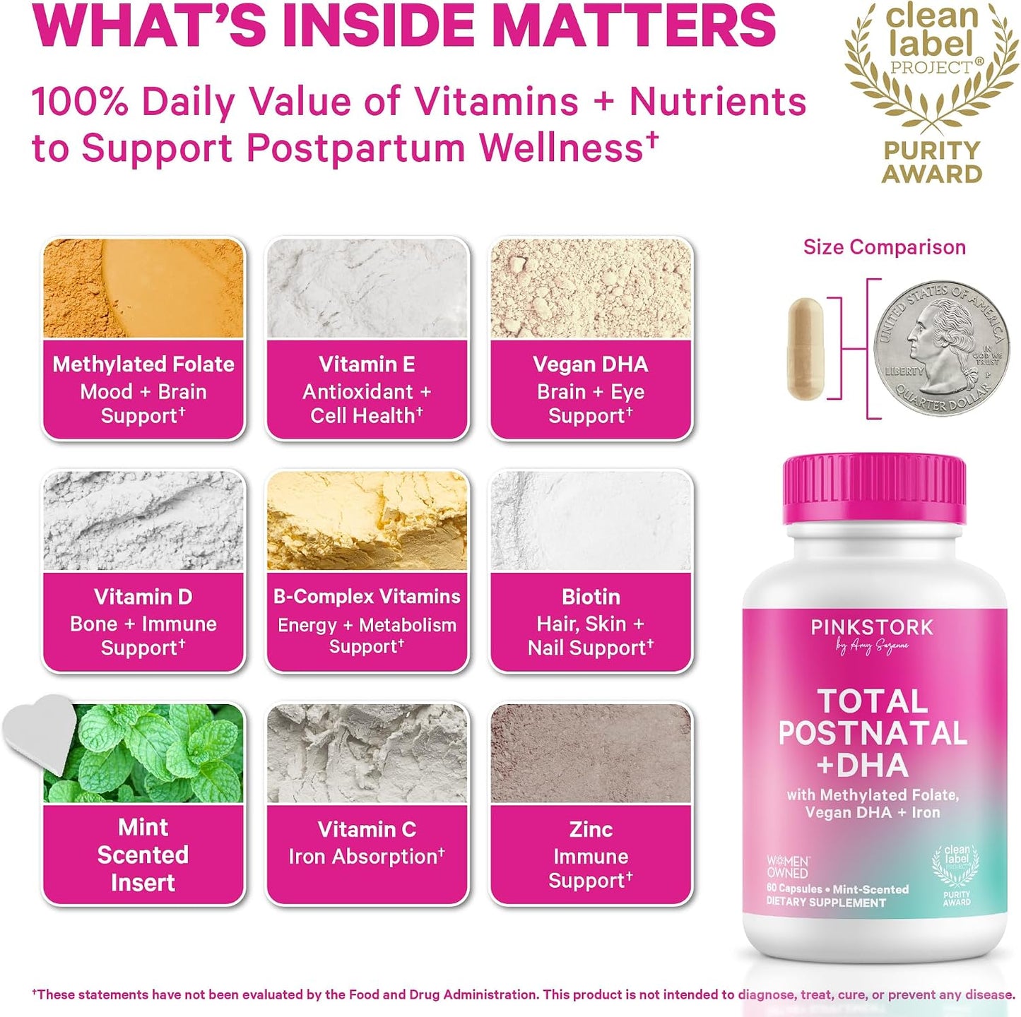 Pink Stork Total Postnatal Vitamins for Women, 60 Capsules, Mint | Vegan Algae DHA, Methylated Folate, Iron & B12, Postpartum Recovery & Lactation Support, Clean Label Award Winner, 1 Month