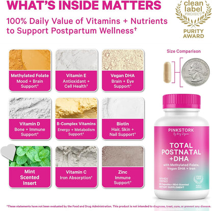 Pink Stork Total Postnatal Vitamins for Women, 60 Capsules, Mint | Vegan Algae DHA, Methylated Folate, Iron & B12, Postpartum Recovery & Lactation Support, Clean Label Award Winner, 1 Month