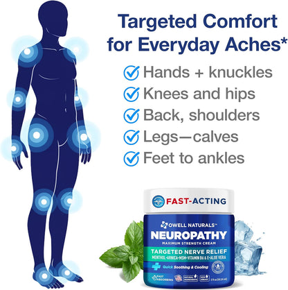 Owell Naturals Neuropathy Cream Extra Strength – Fast Absorbing Cooling for Leg, Feet & Hands – Advanced Soothing Formula with Aloe Vera, Arnica, MSM & Vitamin B6 – Made in USA, 2 fl oz