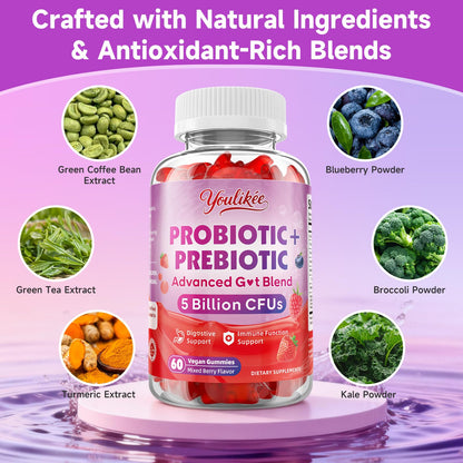 2 Pack Prebiotic + Probiotic Gummies, 5 Billion CFUs with Fibers | Probiotic Gummies for Gut Health Support, Vegan, Sugar-Free, 120 Count