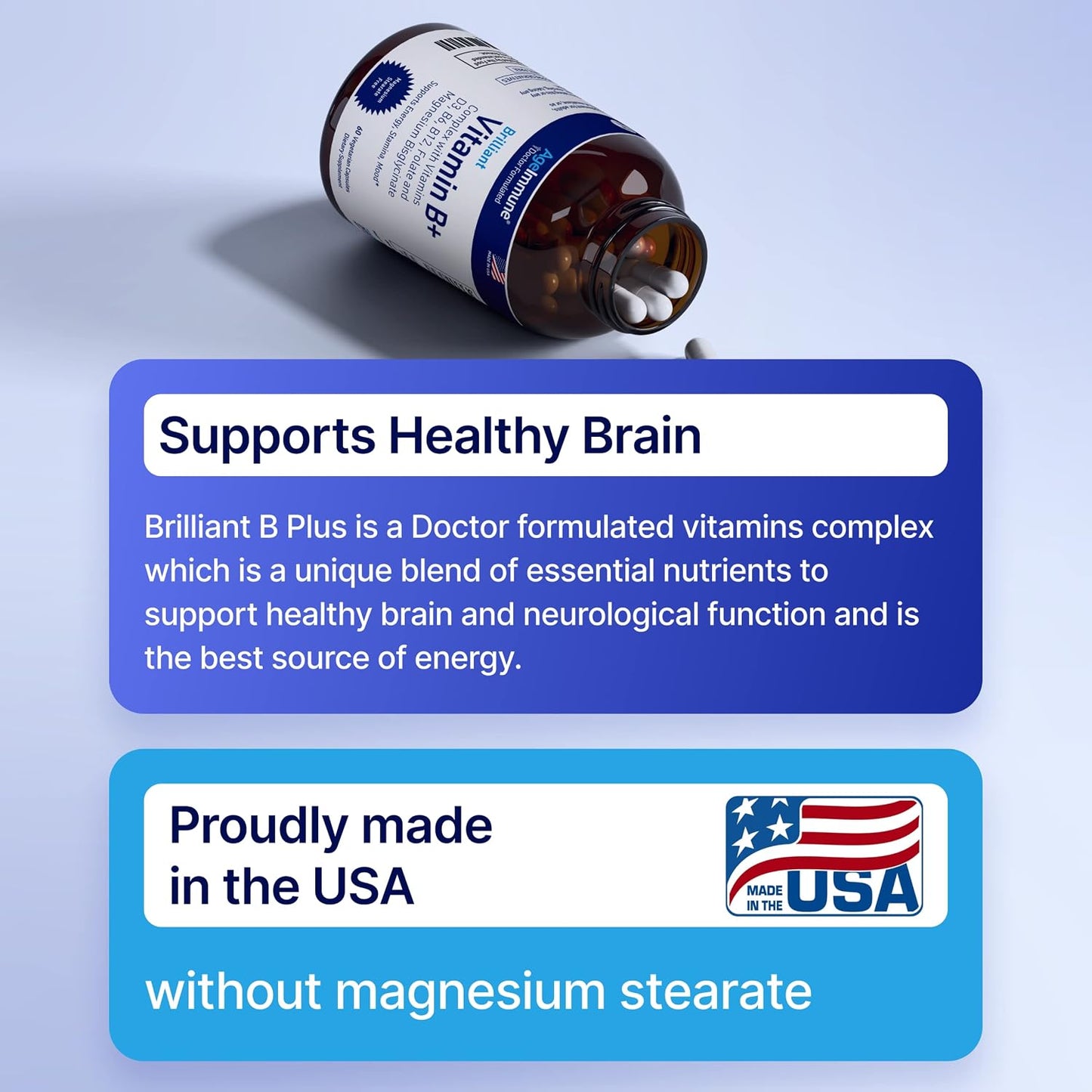 AgeImmune Vitamin B Complex with Vitamin D3 B12 B6 Magnesium Bisglycinate and Folate as Methylfolate - Doctor Formulated Methylated B Complex Supplement – 60 Capsules - Without Niacin