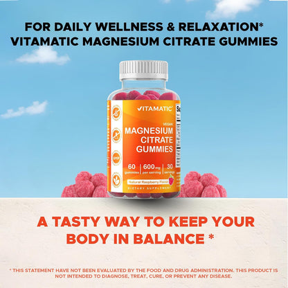 Vitamatic Magnesium Citrate Gummies, 600 mg, 60 Vegan Gummies | 600 mg Magneisum Citrate Per Serving with 70 mg of Elemental Mg, Natural Raspberry Flavor, Non-GMO, Gluten Free, Pectin Based