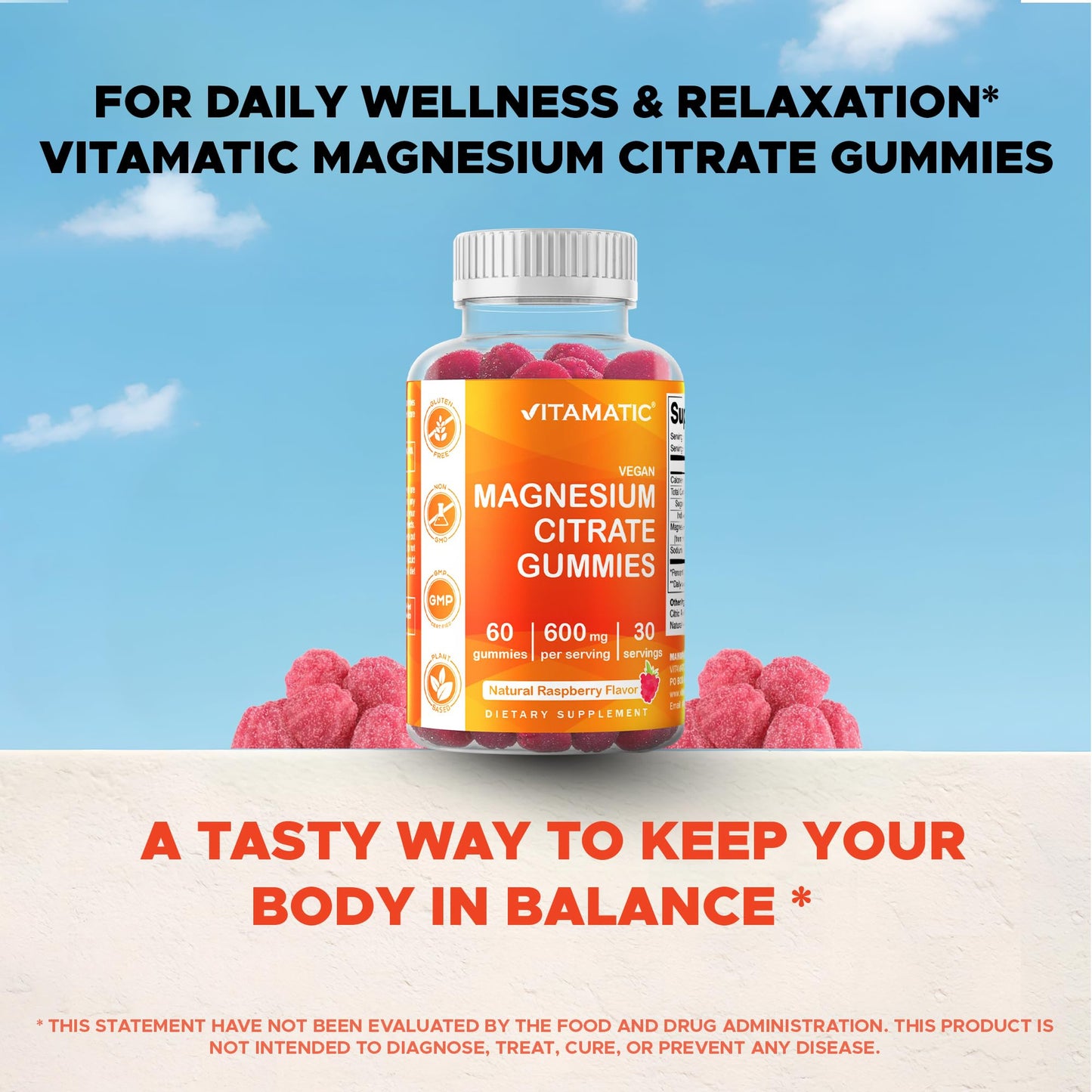 Vitamatic Magnesium Citrate Gummies, 600 mg, 60 Vegan Gummies | 600 mg Magneisum Citrate Per Serving with 70 mg of Elemental Mg, Natural Raspberry Flavor, Non-GMO, Gluten Free, Pectin Based