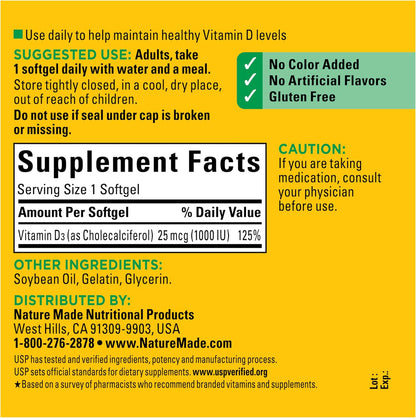 Nature Made Vitamin D3 1000 IU (25 mcg), 300 Vitamin D Softgels | Vitamin D Supplement for Immune, Bone, Teeth and Muscle Health Support, 300 Day Supply