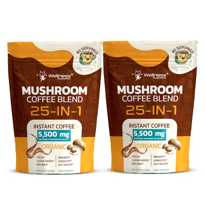 Mushroom Coffee Organic Instant Coffee, 25-in-1, Third-Party Tested Keto Friendly Lions Mane Supplement with Functional Mushrooms – Shiitake, Reishi, Lion’s Mane & More | Smooth, Rich Flavor - 90 Servings