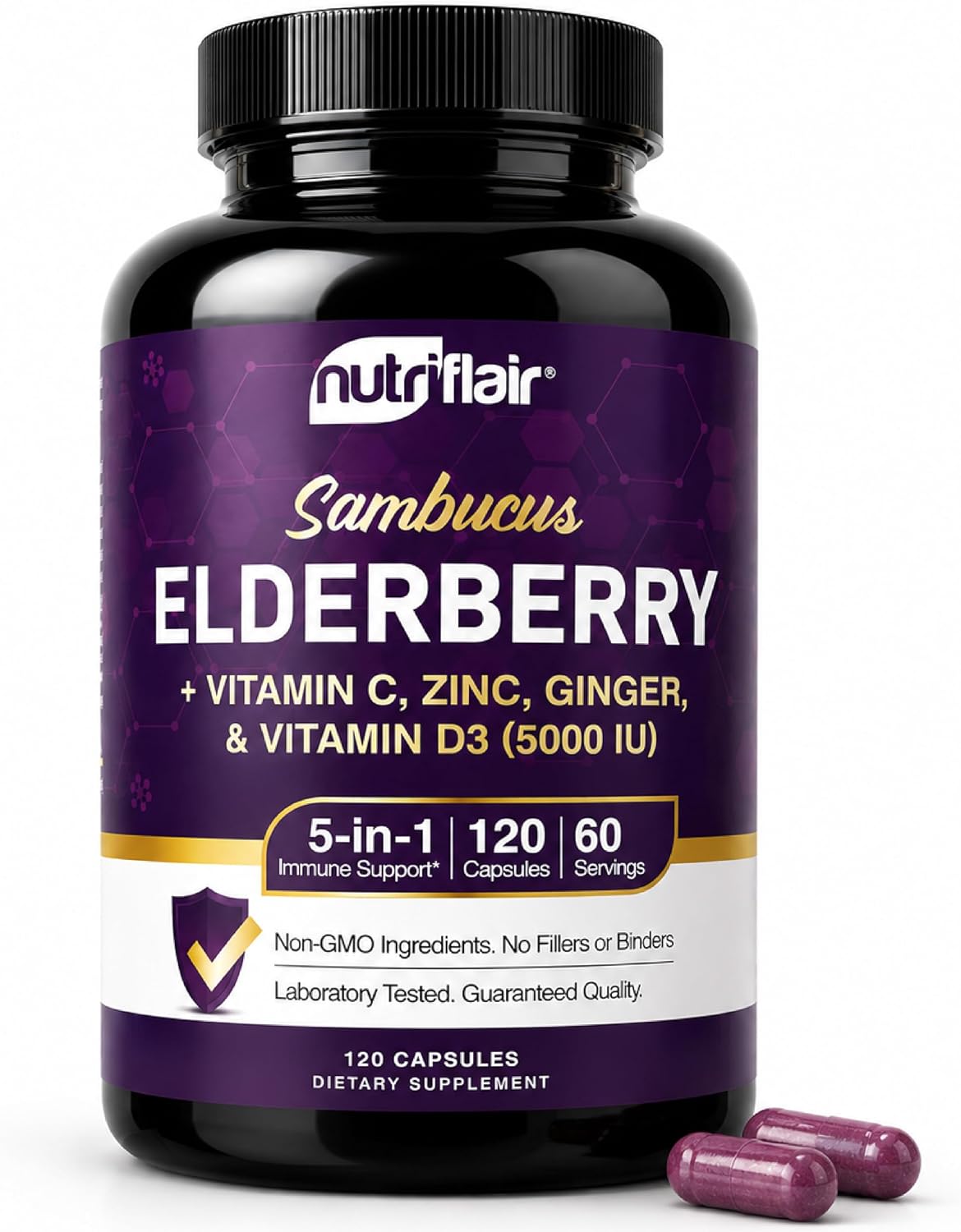 NutriFlair Sambucus Elderberry Capsules, 120 Capsules (2-Month Supply) - Elderberry Extract with Vitamin C, Vitamin D3, Zinc & Ginger - Daily Wellness Support