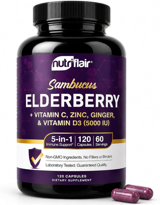 NutriFlair Sambucus Elderberry Capsules, 120 Capsules (2-Month Supply) - Elderberry Extract with Vitamin C, Vitamin D3, Zinc & Ginger - Daily Wellness Support