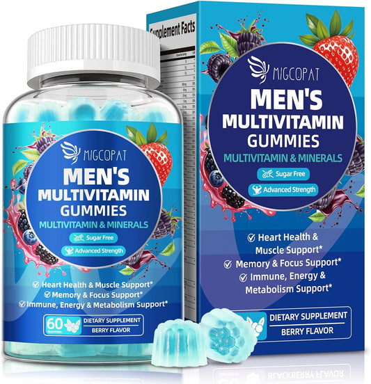 Migcopat Multivitamin for Men, Mens Multivitamins Gummies w/Omega-3, Probiotics, Inositol, Folate, Biotin, Zinc, Vitamins A, C, D, E, B, Support Heart, Brain, Muscle, Energy, Sugar-Free, Berry Flavor
