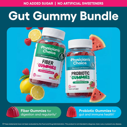 Physician's CHOICE Gut Gummy Bundle: Probiotic Gummies + Fiber Gummies - No Sugar Added & Vegan - Supports Digestive Health & Regularity for Women and Men
