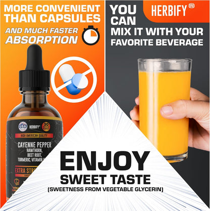 HERBIFY Cayenne Pepper Drops - Immune Support Supplement - Detox & Digestion Support - Cayenne Pepper Hawthorn Beet Root Turmeric Vitamin K2 D3 - Energy Supplements Extract - 2 Fl Oz - Made in USA