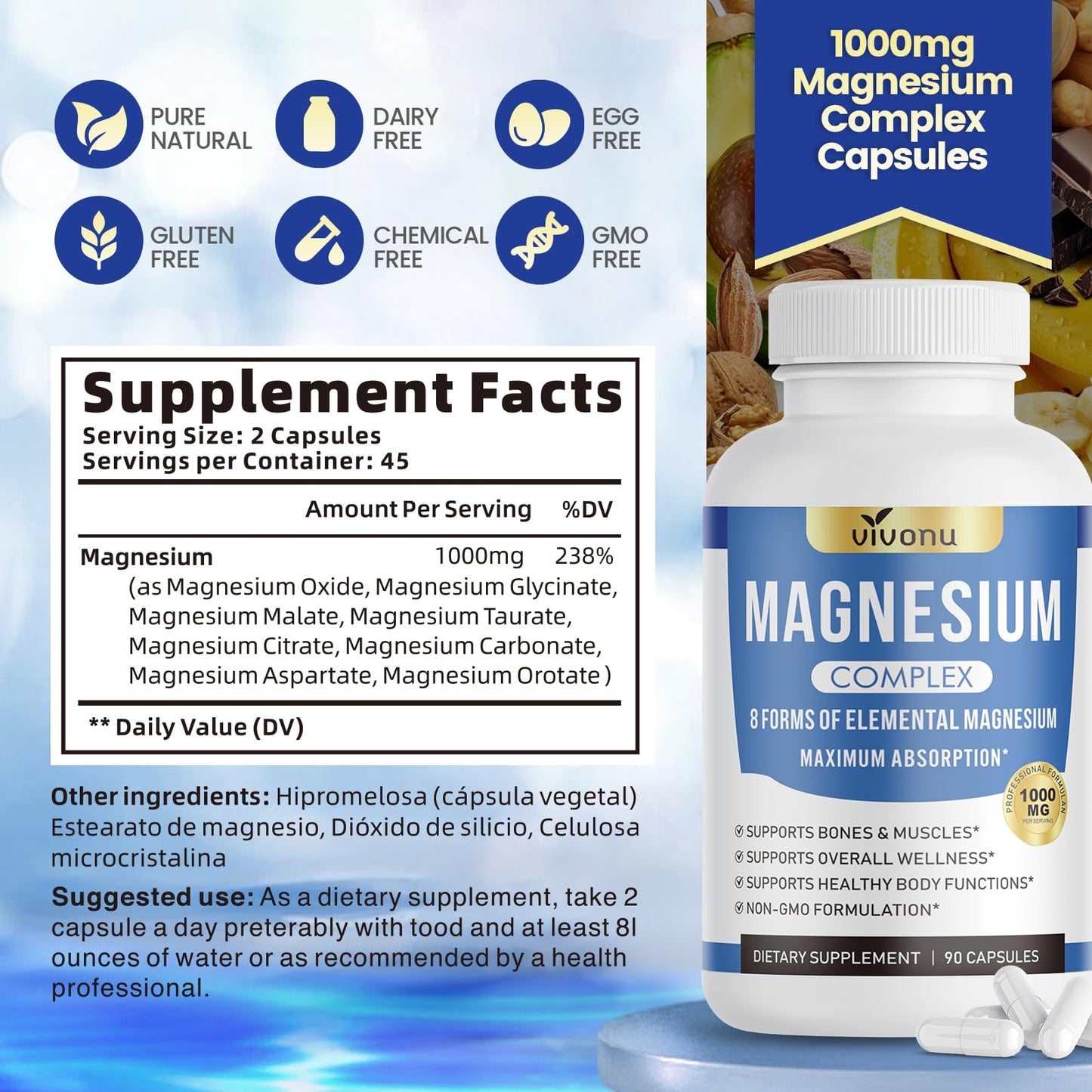 8 Magnesium Complex for Women, Maximum Absorption* 1000mg Formula – Supports Healthy Muscles, Bones, Nerves & Overall Body Functions, Premium Non-GMO Supplement, 90 Capsules