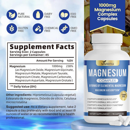 8 Magnesium Complex for Women, Maximum Absorption* 1000mg Formula – Supports Healthy Muscles, Bones, Nerves & Overall Body Functions, Premium Non-GMO Supplement, 90 Capsules