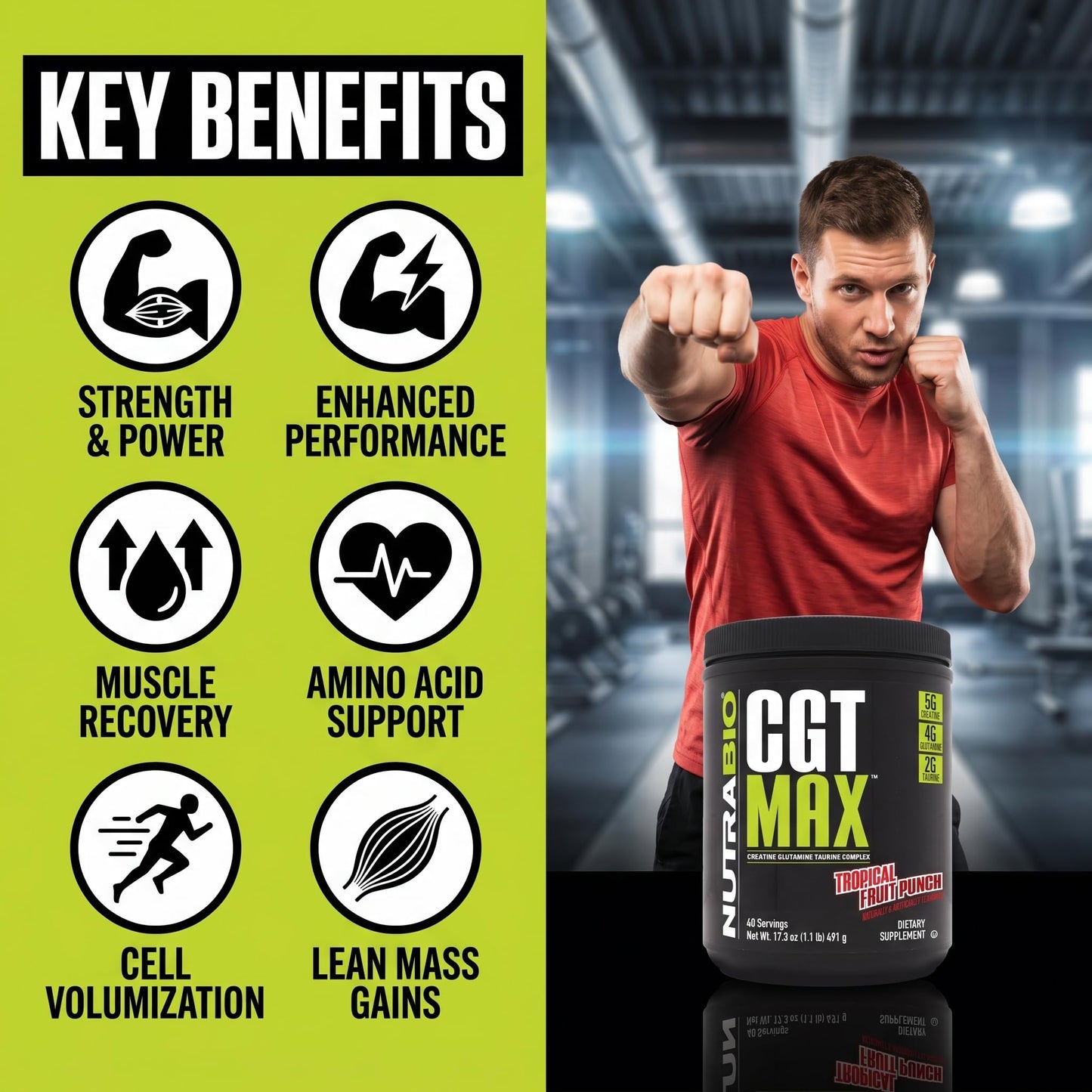 NutraBio CGT-MAX Powder- Creatine, Glutamine and Taurine to Support Muscle Recovery and Strength - 40 Servings - Unflavored