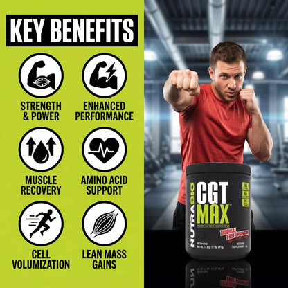 NutraBio CGT-MAX Powder- Creatine, Glutamine and Taurine to Support Muscle Recovery and Strength - 40 Servings - Unflavored