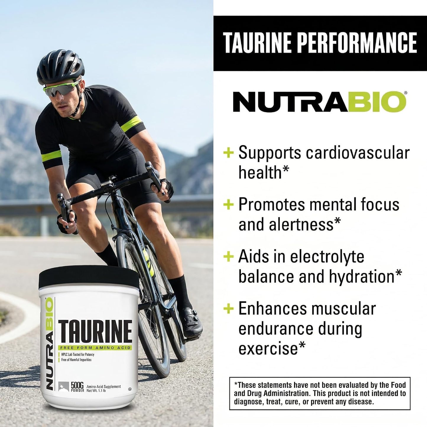 NutraBio Taurine Powder 500g | Pure Free-Form L-Taurine Amino Acid Supplement | Supports Cellular Health, Energy, and Wellness | Non-GMO, USP Grade