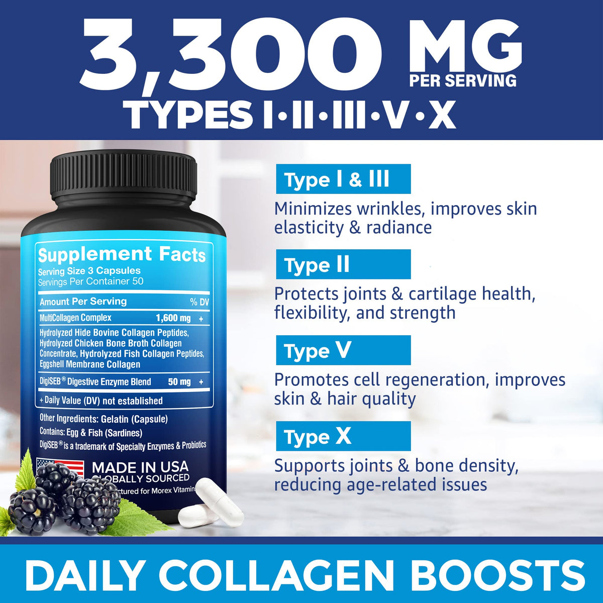 Multi Collagen Pills (Types I, II, III, V & X) - Marine Collagen & Bone Broth Capsules