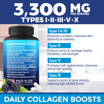 Multi Collagen Pills (Types I, II, III, V & X) - Marine Collagen & Bone Broth Capsules