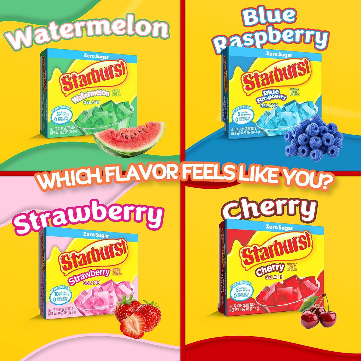 Starburst Sugar Free Gelatin Variety Pack - Pack of 4-4 Flavors - 1 of Each Flavor - Watermelon, Strawberry, Cherry, and Blue Raspberry - Easy to Make for a Variety of Uses