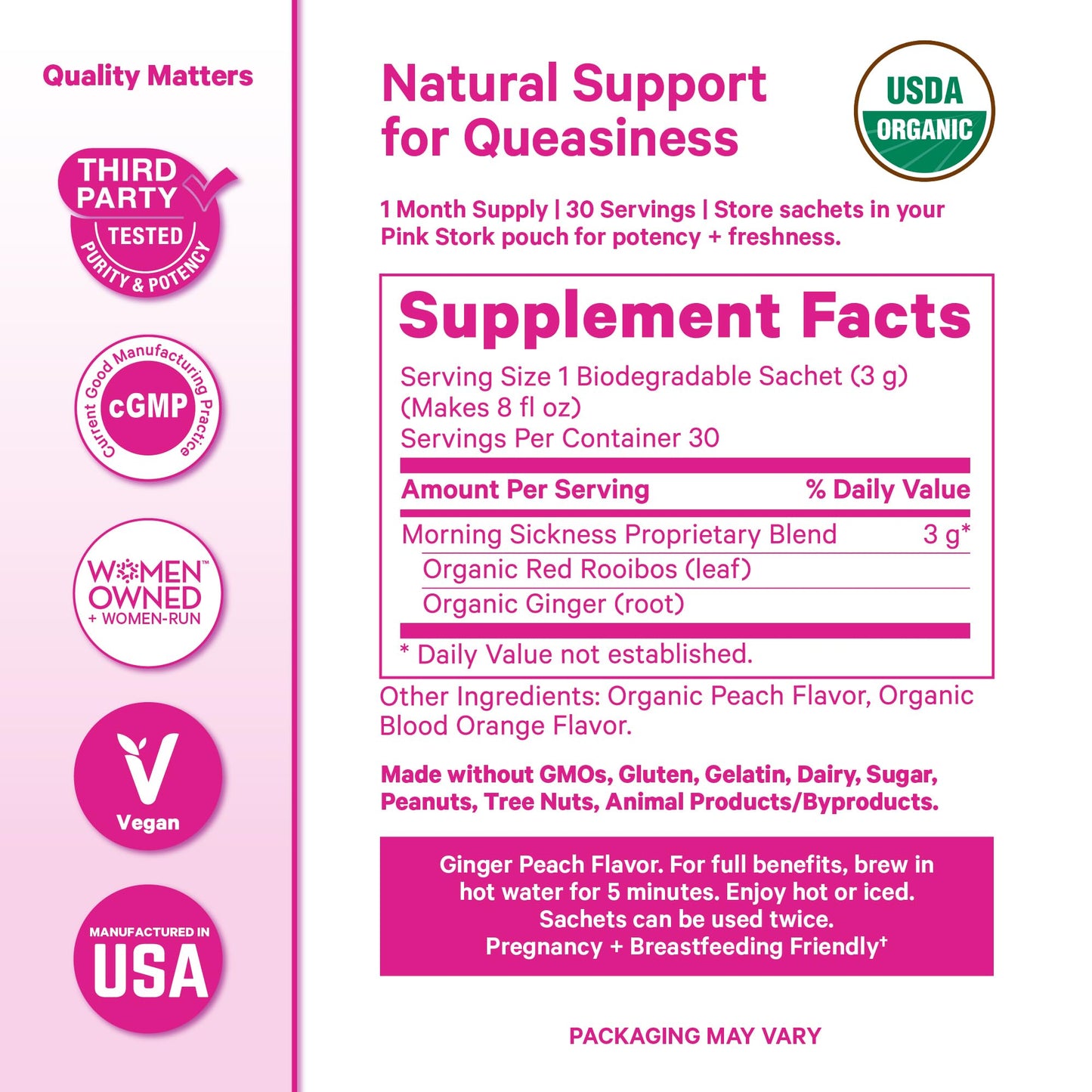 Pink Stork Organic Morning Sickness Pregnancy Tea - Hot or Iced Tea - Prenatal Heartburn, Indigestion, and Constipation Support - 1st Trimester Pregnancy Must Haves - Ginger Peach, 15 Sachets