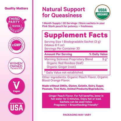 Pink Stork Organic Morning Sickness Pregnancy Tea - Hot or Iced Tea - Prenatal Heartburn, Indigestion, and Constipation Support - 1st Trimester Pregnancy Must Haves - Ginger Peach, 15 Sachets