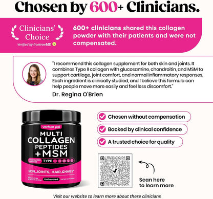 Multi Collagen Powder Type I II III V X, Hydrolyzed Collagen Peptides | With MSM, Glucosamine Chondroitin, Hyaluronic Acid & Vitamin C to Support Skin, Hair, Nails & Joint Health, Unflavored